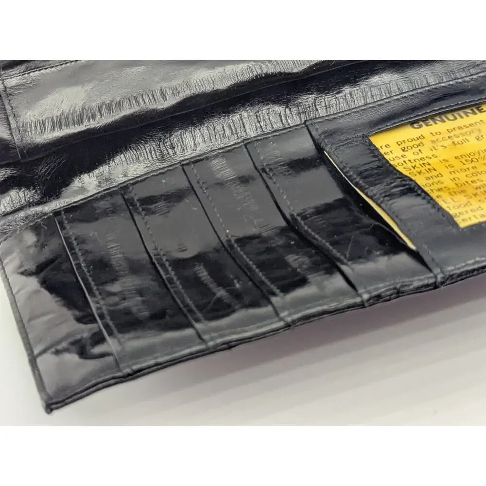 💜Vintage 1980s Black Genuine Eel Skin Kiss-Lock Clutch Wallet